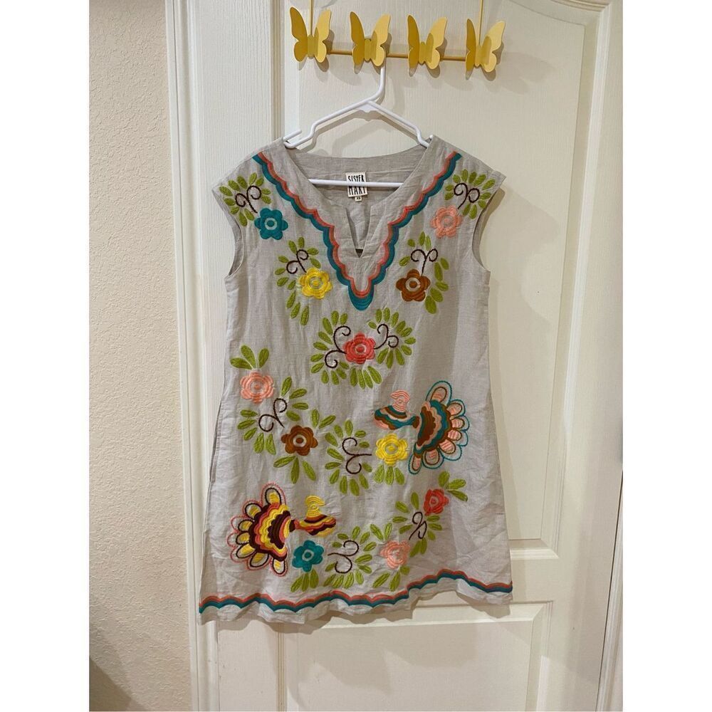 Sister Mary Embroidered Shift Dress Linen Blend Size XS